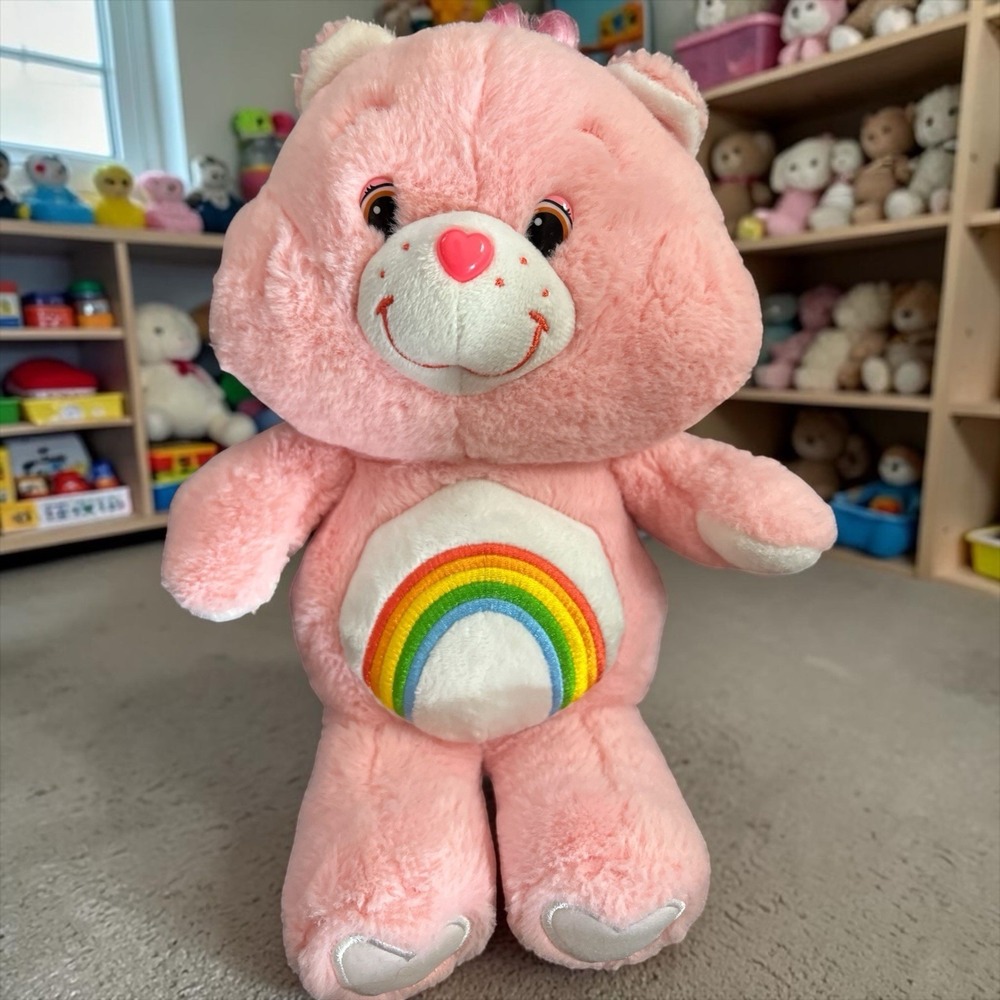 Care Bears Cheer Bear Pink Plush Stuffed Animal Rainbow Belly 15"‎